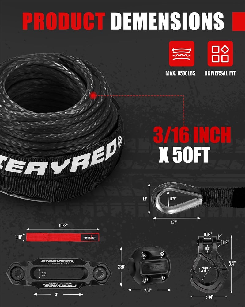 FIERYRED 3/16inch 50FT 8500LBS Synthetic Winch Rope Cable Kit with Forged Hook Rubber Stopper and Fairlead,Winch Line Replacement for 2000-3500LBS Winch, ATV, UTV, Offroad - Image 2